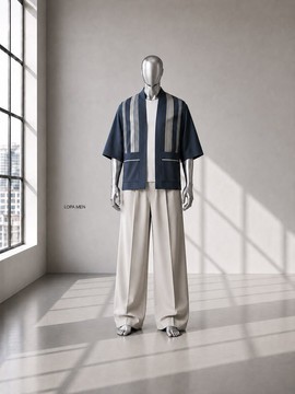 Men's Navy Striped Kimono Cardigan &amp; Beige Wide-Leg Pants Set