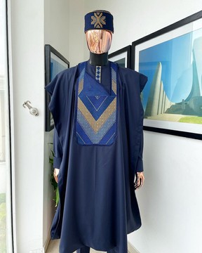 A Navy blue,Connected triangle -layered 3D embroidery design details agbada, buba, fila &amp; sokoto