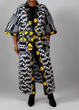 Black and White Multicolor Geometric Patterned Belted Midi Blazer
