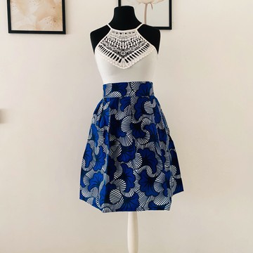 Pleated skirt in wax wedding flowers - blue high waist African skirt - with pockets