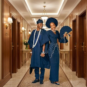 Nigerian Couple in Navy Blue Traditional Attire – Elegant Yoruba Wedding