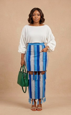 Aso Oke Two-Layer Skirt – African Striped Cut-Out Midi &amp; Maxi Skirt with Tassels
