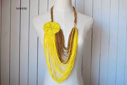 African beaded loop necklace yellow | Chunky trendy jewelry | Romantic tribal neck piece