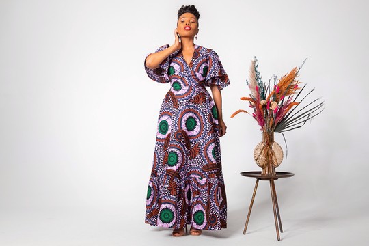 CHIMAMANDA PURPLE AND BROWN V-BACK MAXI DRESS