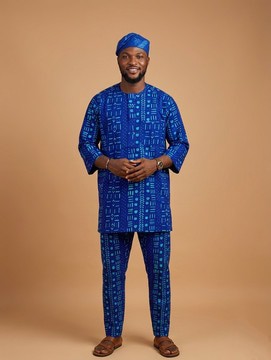 Royal Indigo African Patterned Men's Traditional Two-piece  Set