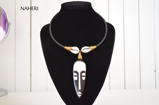 African tribal necklace handmade cowrie shells mask pendant jewelry