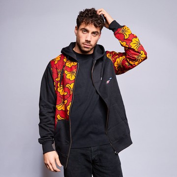 Black cotton hoodie with touch of wax and zipper