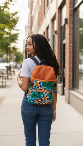 Sac à dos en tissu imprimé (wax)– Noir et bleu