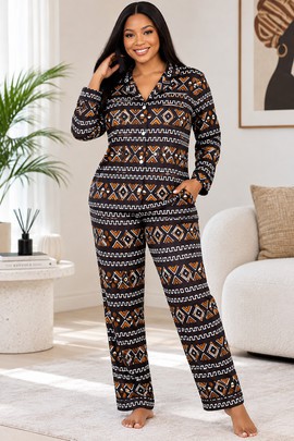 Ensemble de pyjama en satin pour femme à imprimé géométrique bogolan | Vêtement de nuit à imprimé africain | Bynelo