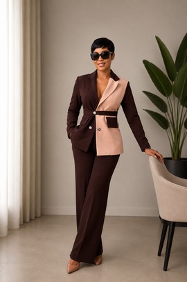 Ensemble blazer et pantalon color block pour femme – Ensemble deux pièces en coton marron et rose poudré