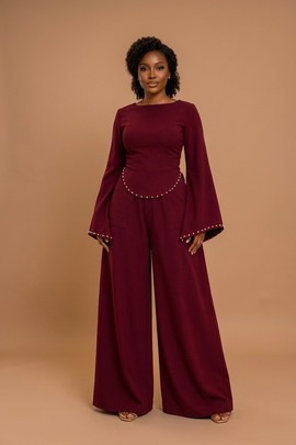 Ensemble palazzo deux pièces élégant couleur bordeaux orné de perles