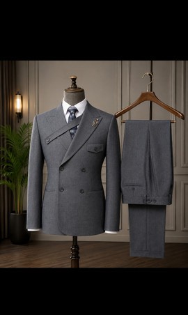 Men's Grey Cross-Strap Double-Breasted Blazer with Trousers – Two-Piece Formal Suit Set