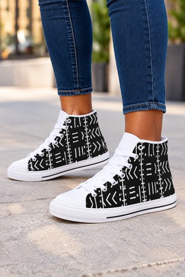 African Monochrome Print Women's Classic High Top Canvas Shoes | Black and White Sneakers