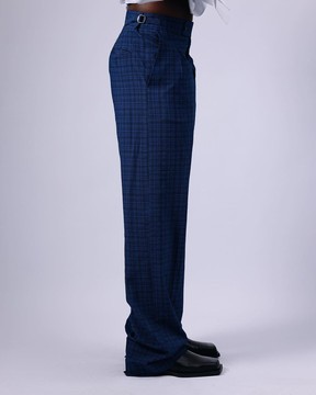 A Tattersall Check, blue &amp; black, extra long wide-cut pant Trouser