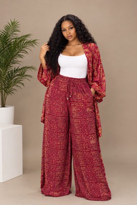 Women’s Burgundy African Print 2-Piece Set – Wide Leg Palazzo Pants &amp; Matching Kimono