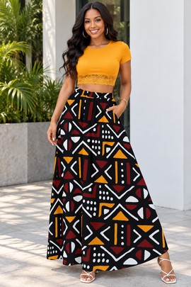 Jupes longues en chiffon à motifs géométriques tribaux africains pour femme, avec doublure | Jupe longue à imprimé africain | Bynelo