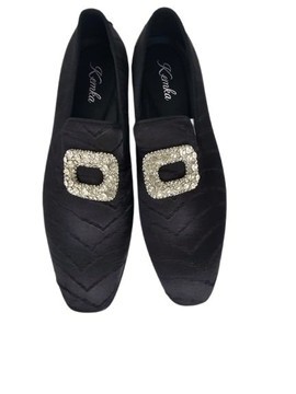 Mocassins plats en satin noir avec motif à chevrons et strass