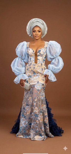 Ice Blue and Champagne Floral Organza-Sleeve Mermaid Gown