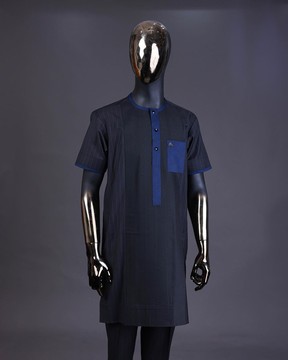 A blue pencil stripe on black, black front with matching blue black Swarovski button  kaftan