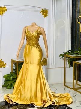 Gold satin mermaid spaghetti sleeve prom dress, homecoming dresses, wedding dress, african dress