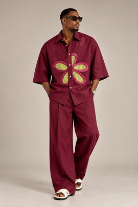 Men’s Burgundy Linen Two-Piece Set with Floral Appliqué Shirt and Wide-Leg Trousers