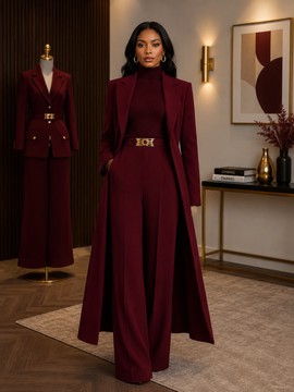 "Women's Burgundy Cotton Long Coat, Turtleneck Top &amp; Wide Leg Trouser Set