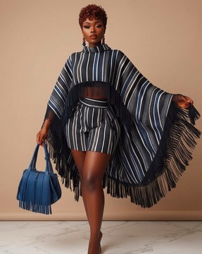 Luxury Striped Anka Poncho Set for Women – African Fringe Cape Top with Matching High-Waist Shorts