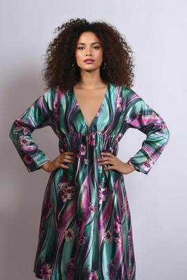v neck long sleeve babydoll print dress