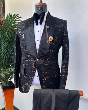 Black gold inscribed wool tuxedo suit. Best sellers