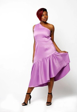 Purple Asymmetrical Satin One Shoulder Ruffle Midi Dress