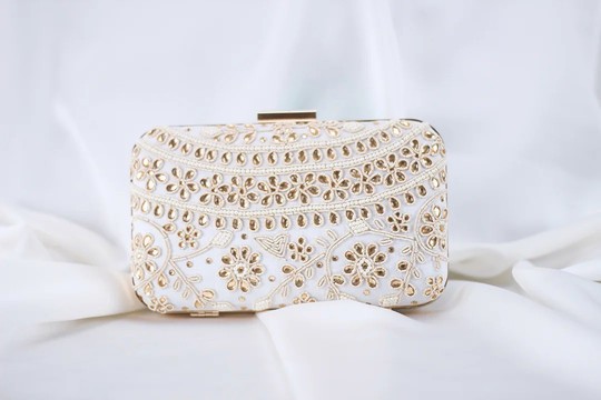The Amika Clutch, White and Gold Kundan Embellished Box Clutch