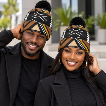 Mudcloth Cowrie Print Knitted Hat With Pom-Pom Unisex