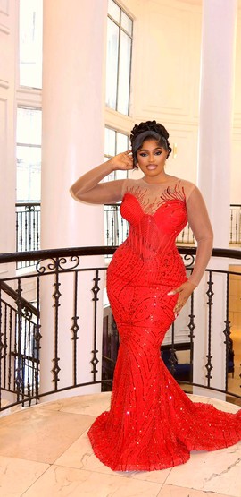 Red Luxury Beaded  mermaid Corset Dress, Handmade Red Bridal Gown, Asoebi Reception Birthday Dress
