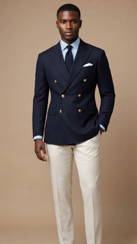 Blazer croisé bleu marine avec pantalon crème