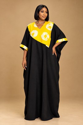 Women’s Black and Yellow African Kaftan Dress – Elegant Ankara Print Maxi Boubou Gown