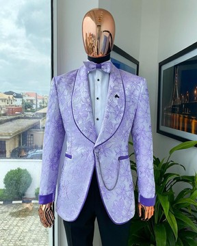 A reloaded “Mandarin” orchid purple and ivory floral pattern shawl lapel jacquard suit