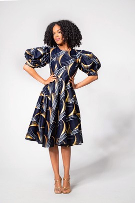 NEFERTITI GOLD AND NAVY BLUE MIDI DRESS