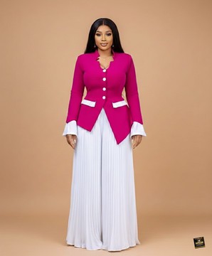 Ensemble deux pièces magenta et perle avec palazzo plissé
