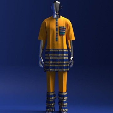 Men's Mustard Yellow Kaftan Set with Kente-Style Trim – Fringe Hem Tunic &amp; Trousers