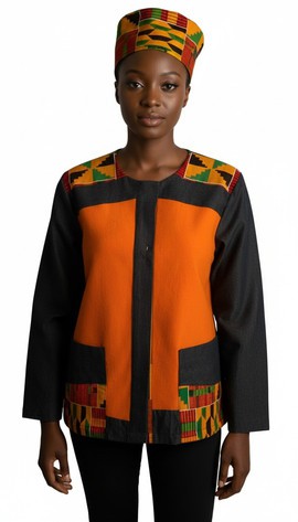 orange fleece jacket with denim and kente trim