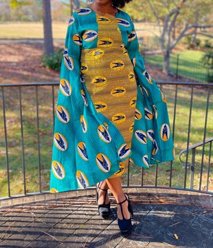 African Print Ankara Two-tone Multicolor Statement Sleeve Midi Cotton Dress