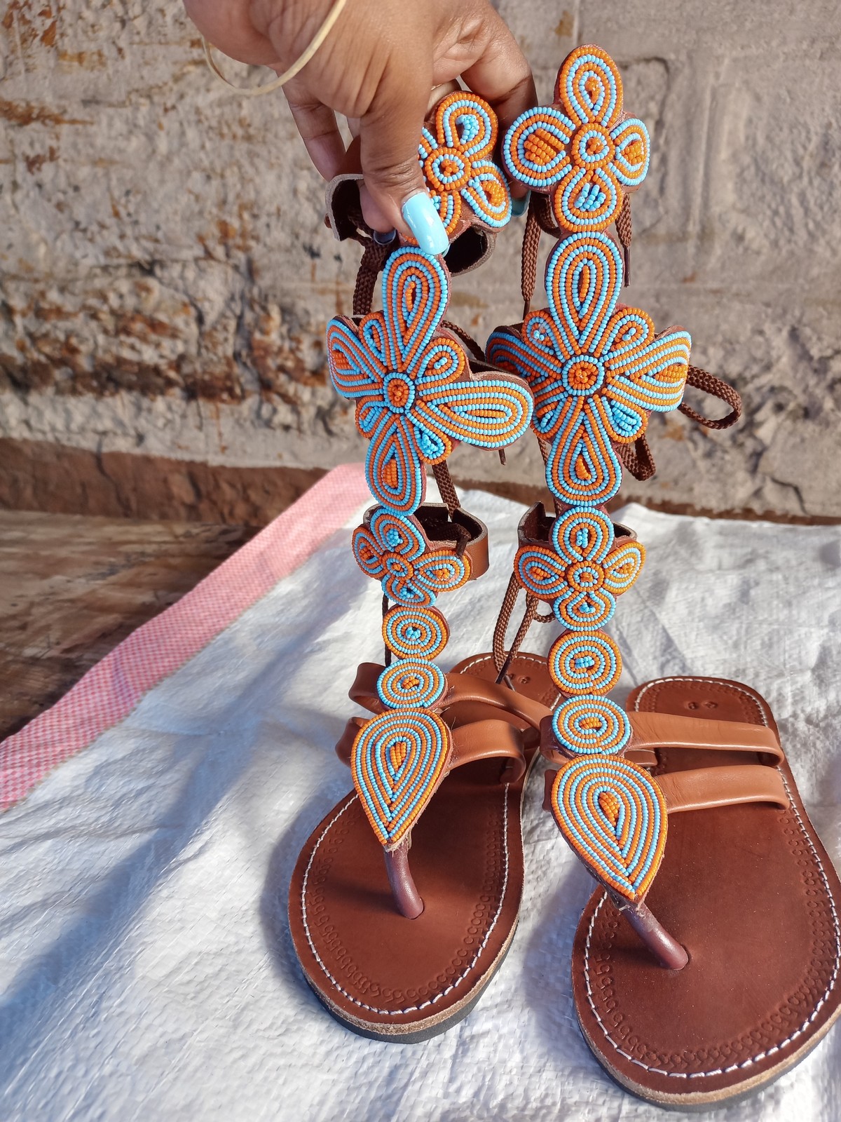 Unisex Maasai Leather Sandals. Size 10.5 or 42 decorated with beads. Handmade Maasai Sandals | Beaded African Maasai Sandals  main image 2