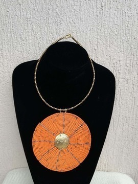 Orange pendant necklace, Beaded necklace, Christmas gift for her, African jewelry, Masai necklace