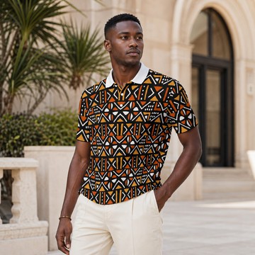 Bogolan Mudcloth Print Men's Heavyweight Polyester Polo Shirt | African Fashion | Bynelo