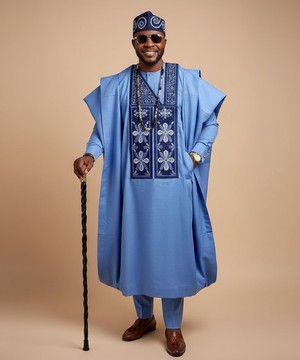 Blue Agbada &amp; Trousers Set With Cap