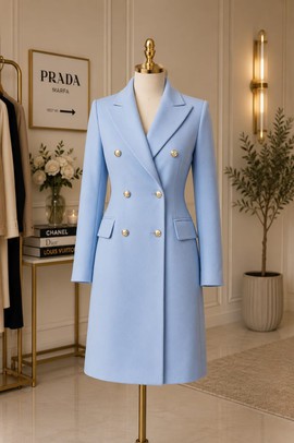 Manteau blazer en laine bleu à double boutonnage pour femme