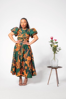 FATIMA MIDAXI GREEN AND ORANGE DRESS