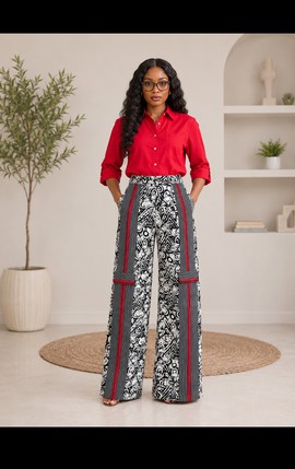 Women's Black &amp; White Ankara Wide-Leg Trousers with Aso Oke Stripe Trim – Red Accent Palazzo Pants