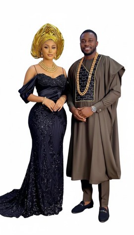 Premium African Ceremony Outfit for Couples – Gele, Sequin Dress &amp; Agbada