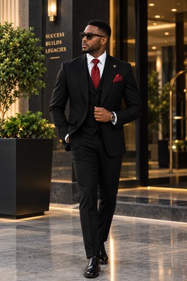 Men's Black 3-Piece Suit – Classic Fit Blazer, Waistcoat &amp; Trousers, Cotton Formal Suit